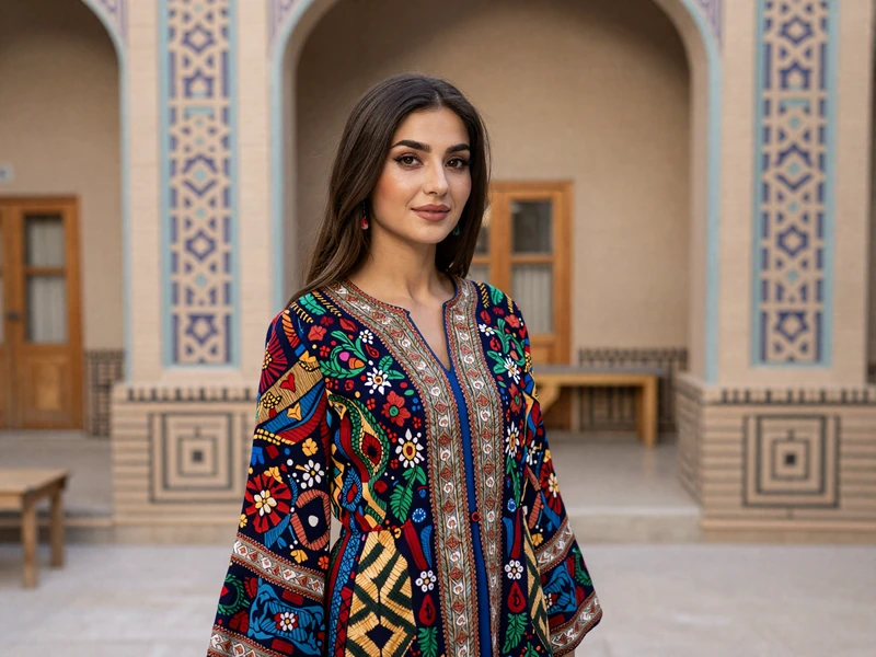 Elegant Tajik woman in traditional embroidered dress standing in Persian-style courtyard showcasing cultural heritage and family values