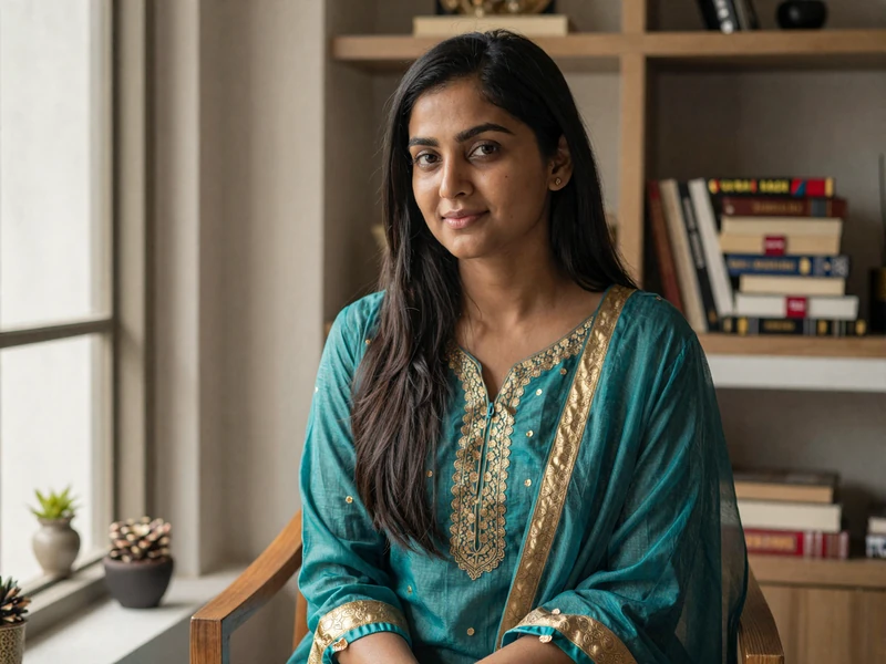 Educated Bangladeshi woman in traditional salwar kameez sitting in modern apartment with warm natural lighting showcasing the blend of tradition and modernity