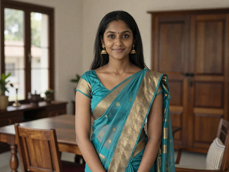 Sri Lankan woman in traditional elegant saree standing in modern home demonstrating the blend of tradition and contemporary lifestyle that characterizes Sri Lankan brides